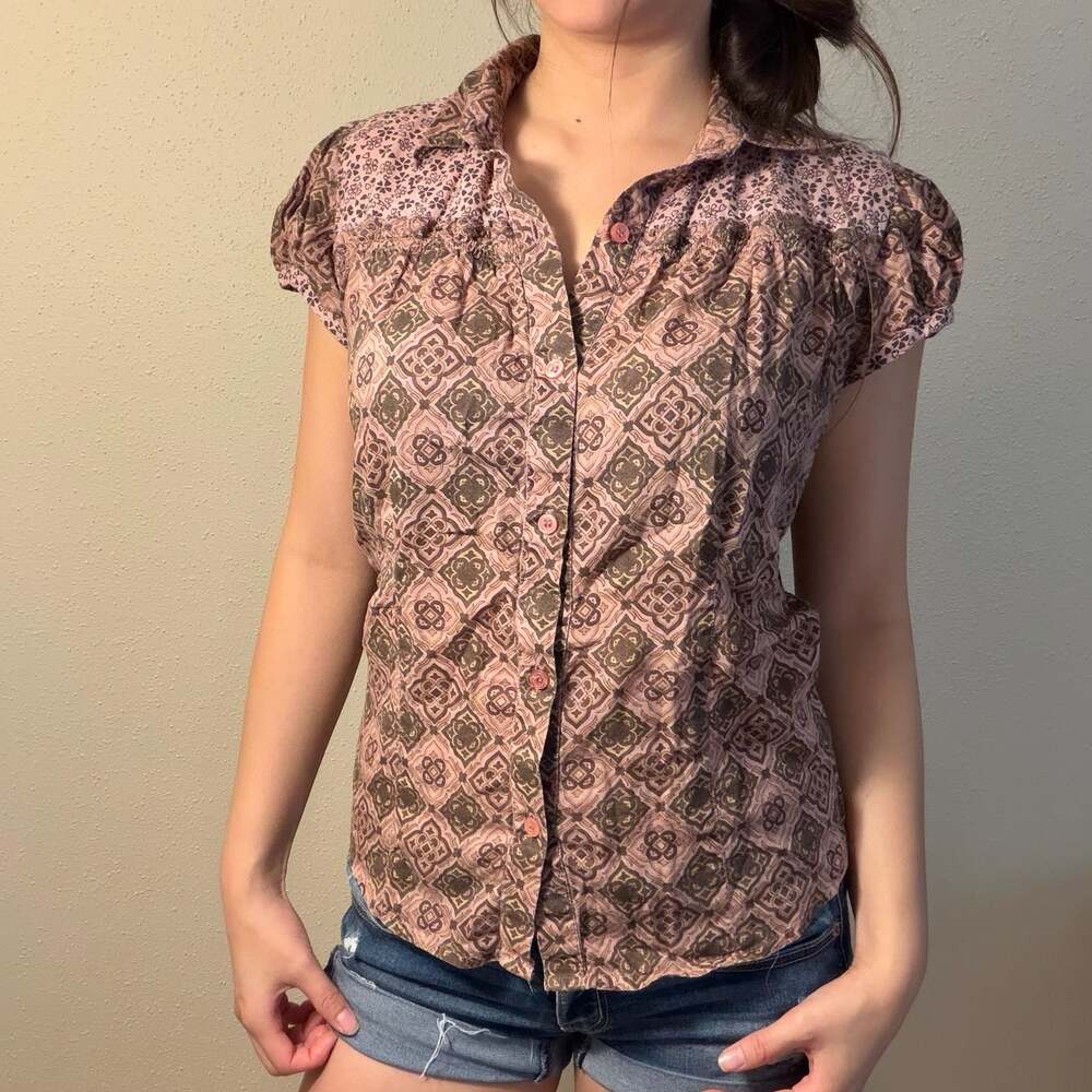 MOST Women's Cotton Short Sleeve Button-Down Blouse Geometric Print